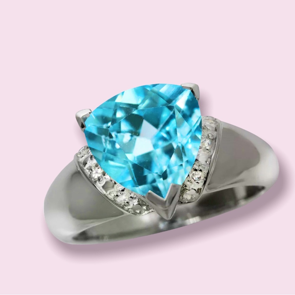 New Genuine Swiss Blue Topaz & Diamond Accent Rings 14K over .925K Hidden Halo - Picture 2 of 6